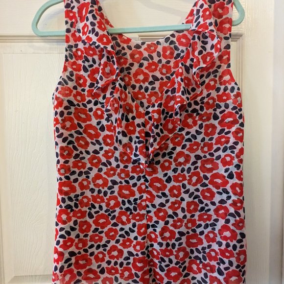 Blue and Red Floral Poppy Sheer Ruffle sleeveless blouse - Picture 2 of 10